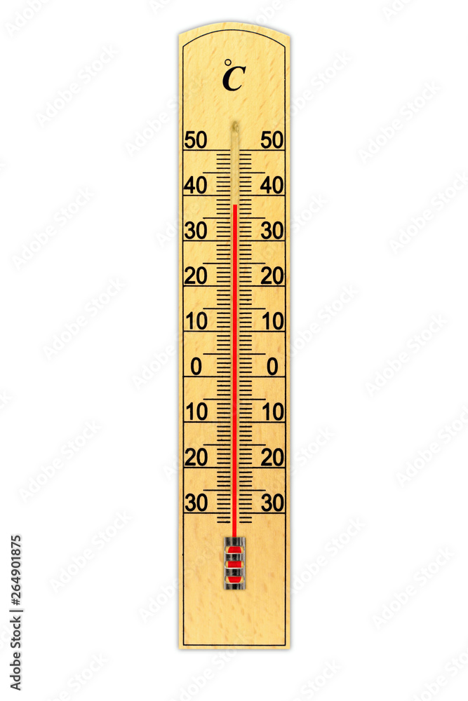 Wooden celsius scale thermometer isolated on white background. Thermometer shows air temperature plus 38 degrees Wooden celsius scale thermometer isolated on white background. Thermometer shows air temperature plus 38 degrees