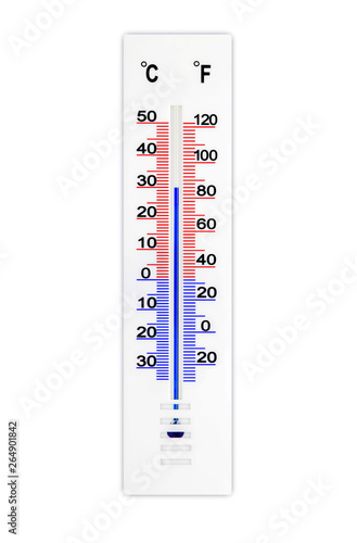 Meteorology thermometer isolated on white background. Air temperature plus 30 degrees celsius photo