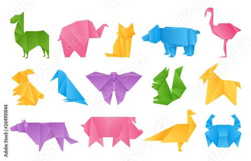 Origami animals. Paper toys, dragon ship elephant crane butterfly shape set, vector colored folding paper animals set