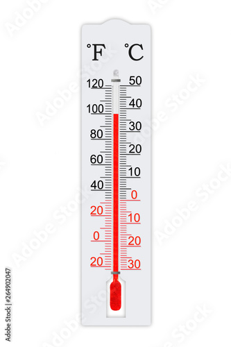 Fahrenheit and celsius scale meteorology thermometer for measuring air temperature. Thermometer isolated on white background. Air temperature plus 100 degrees fahrenheit photo