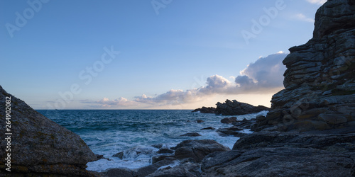 Panoramic view over the rocky Breton coast in the soft light of sunrise, France, Brittany, Finistere
