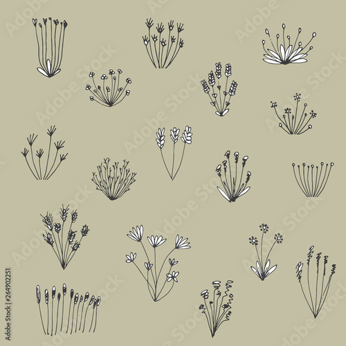 vector hand drawn collection of cute doodle flowers,drawn in black outlines,isolated on colored background, spring graphic texture of meadow, wedding or birthday card illustration