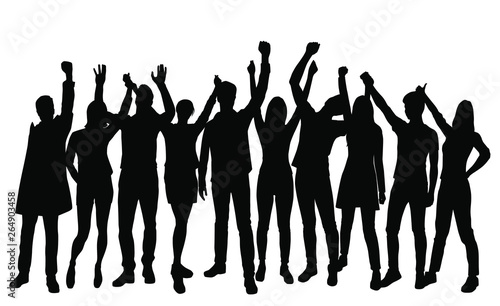 Set silhouettes man and woman standing with hands up, group of people, black color isolated on white background