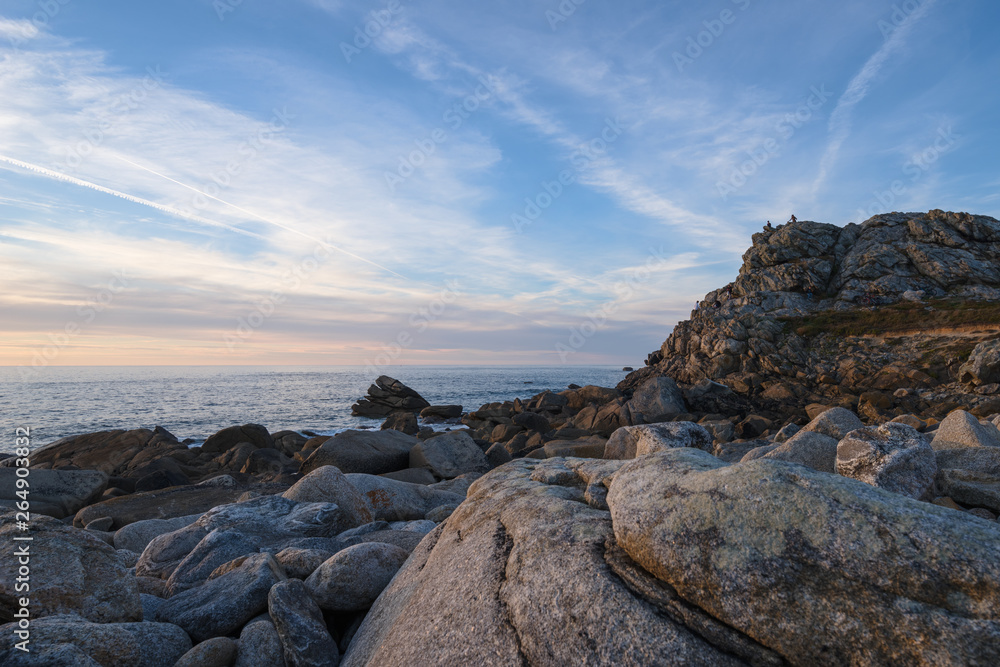 Panoramic view of the rocky Breton coast during sunset, France, Brittany, Finistere 