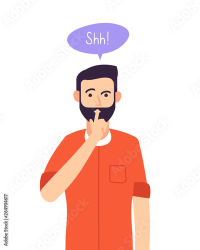 Shh man. Business secret, serious male with silence hand gesture at closed mouth. Silence please keep quiet vector concept. Gesture silence person, man silent and mute illustration