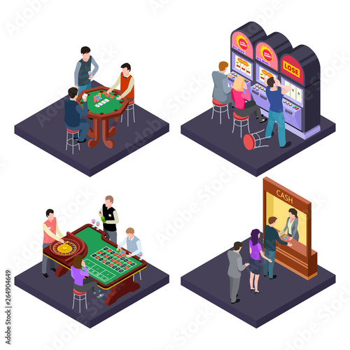 Gambling, casino isometric vector composition with slot machines, poker, cash exchange. Gambling play roulette and slot machine, isometry table poker illustration