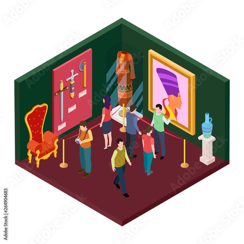 Museum exhibition hall with art objects isometric vector illustration. Isometric museum ancient, interior of exhibition historical