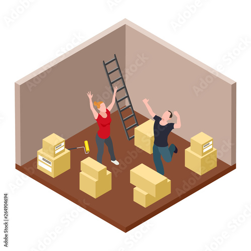 Young couple rejoices moving isometric vector concept. Family apartment moving, 3d box cardboard illustration