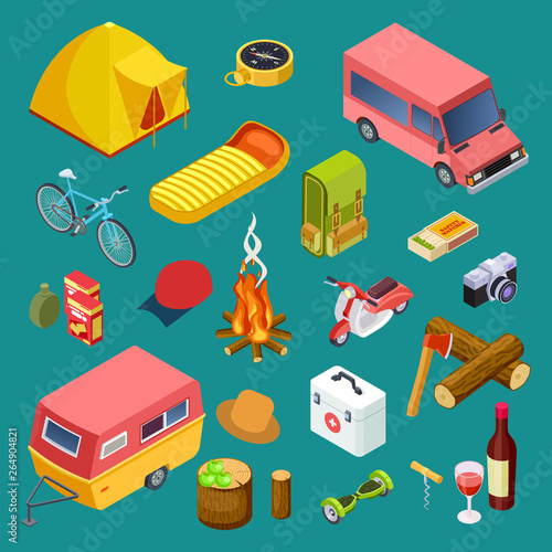 Tourist equipment, camping cars, snack and rest accessorises isometric vector collection. Campfire and backpack, sleeping bag for adventure illustration