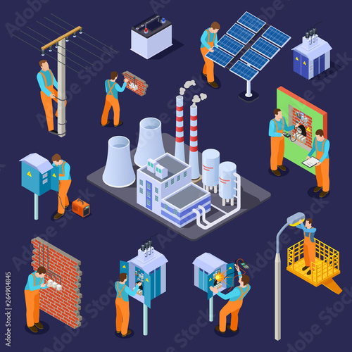 Electrical station and electricians, workers isometric vector set. Engineer electrician, electrical service isometric worker illustration