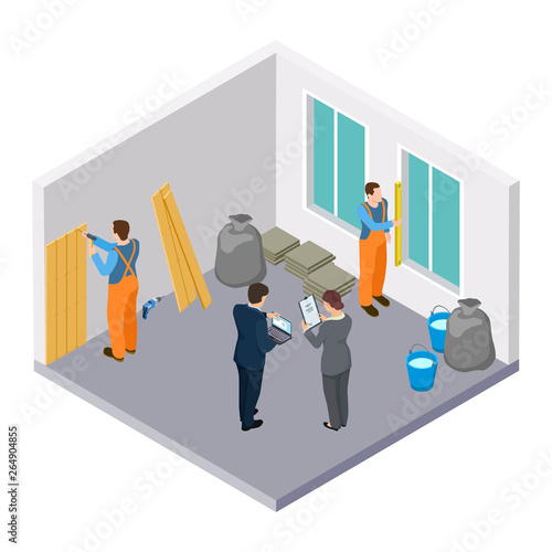 Isometric construction workers, room repair isometric vector illustration. Renovation and repair apartment at house