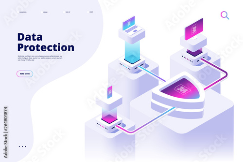 Data protection concept. Digital security channel money protect secure access internet safety privacy software vector landing page. Illustration of security technology isometric, web safety protect