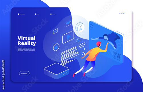 Virtual reality landing. People digital mobile entertainment augmented reality man headset virtual web interactive vector concept. Illustration of virtual reality cyberspace, entertainment video game