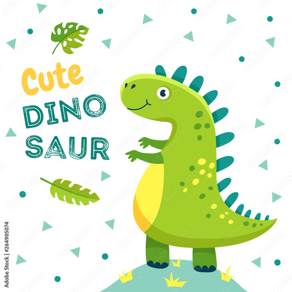 Obraz premium Dinosaur poster. Cute baby dino funny monsters jurassic animals dragon dinosaurs fashion kids t-shirt design vector background. Illustration of reptile and dragon monster, dinosaur jurassic