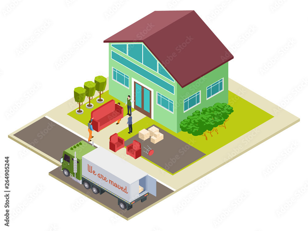 Moving to a new home, furniture delivery vector isometric illustration. Isometric house moving, relocation and delivery and furniture