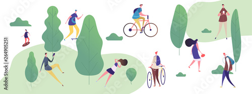 Fototapeta Naklejka Na Ścianę i Meble -  People walk and relax in the park, outdoor activities vector illustration. People walk and activity in park, sport and bike