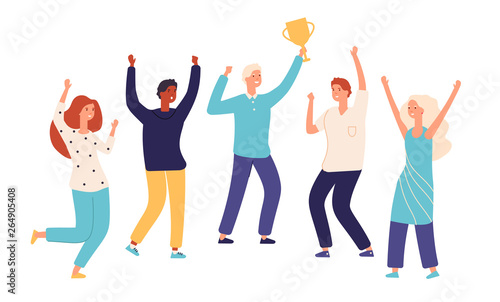 Winner team. Leader champion with gold trophy cup and happy excited employees celebrate win. Successful teamwork vector concept. Illustration of winner trophy team, teamwork achievement win