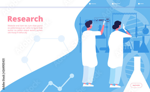 Research lab landing. Researcher chemist doing clinical test in chemical laboratory. Pharmaceutical scientific vector concept. Scientist education, chemist research in lab illustration