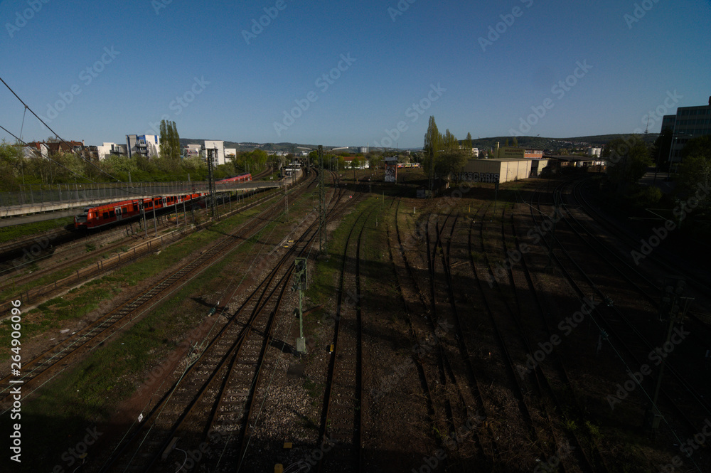 A lot of tangled rail rails, top view. Near the old main station of stuttgart, hauptbahnhof