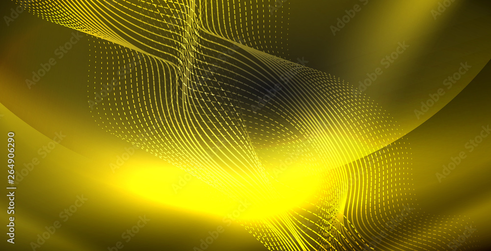 Glowing abstract wave on dark, shiny motion, magic space light. Techno abstract background