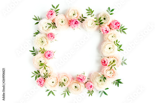 Fototapeta Naklejka Na Ścianę i Meble -  Floral pattern frame made of pink ranunculus and roses flower buds on white background.  Flat lay, top view floral background.