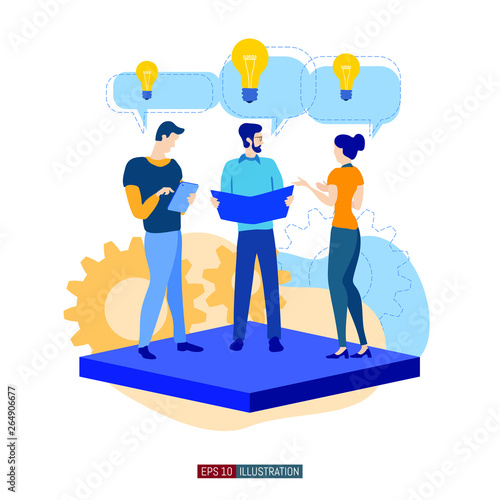 Trendy flat illustration. Office workers planing business mechanism, analyze business strategy and exchange ideas.Template for your design works. Vector graphics.