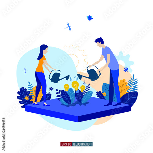Trendy flat illustration. Сooperation of people who implement the joint idea. Illustration of the idea birth process. Template for your design works. Vector graphics.