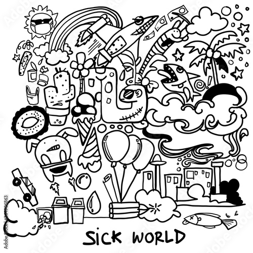 Doodle digital vector draw of sick world with bad environment by human