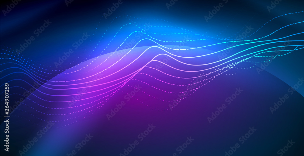 Glowing abstract wave on dark, shiny motion, magic space light. Vector techno abstract background Glowing abstract wave on dark, shiny motion, magic space light. Vector techno abstract background