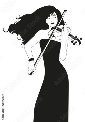 Beautiful violinist woman with long hair playing violin isolated on white background