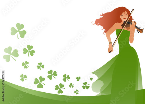 Beautiful violinist playing violin isolated on white background, surrounded by clovers. Blank space for text or design