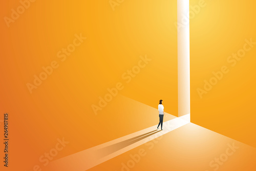 Businesswoman walking go to front of bright big shining door in the wall orange of the hole at light falls. illustration Vector