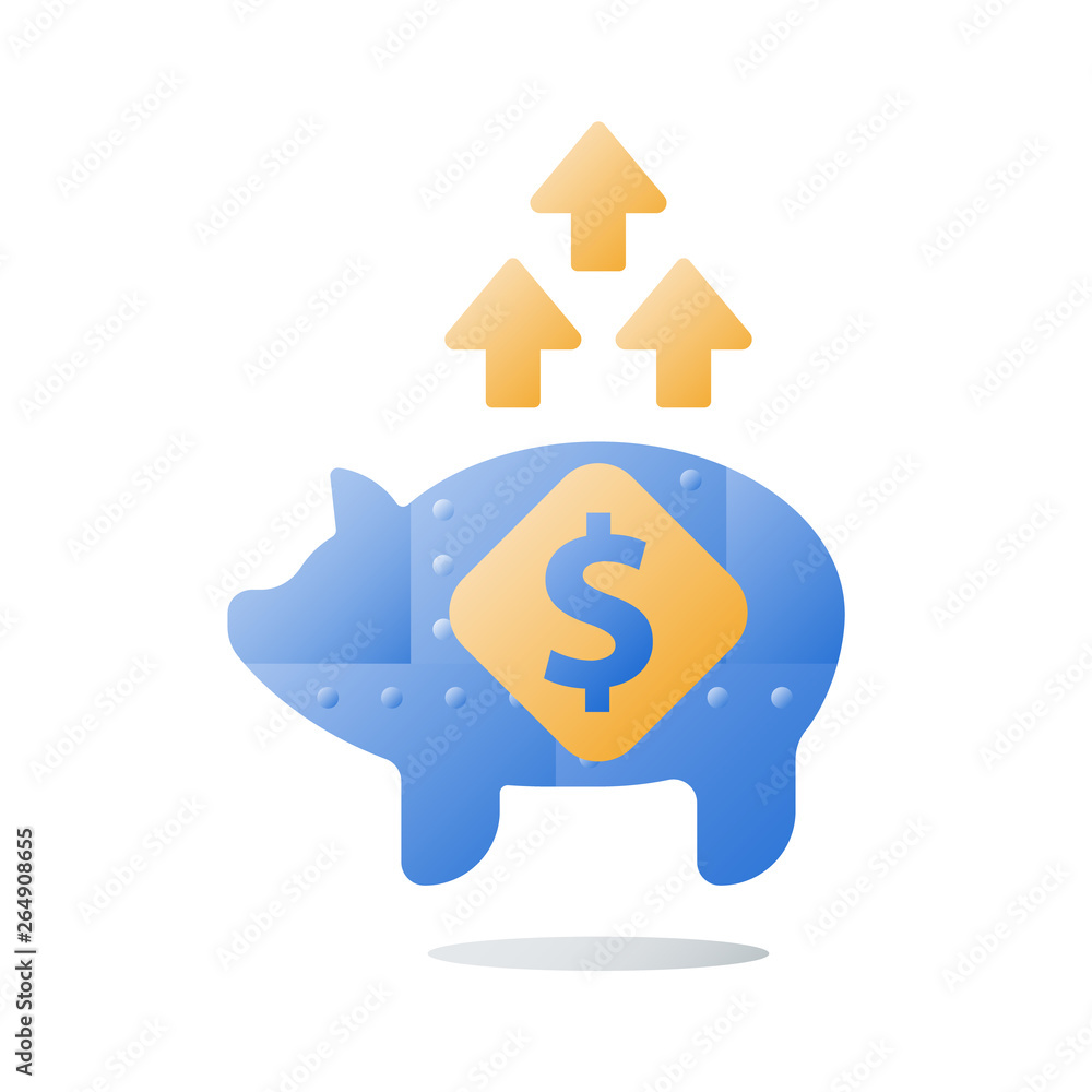 Metal piggy bank, long term investment strategy, arrow of growth, value increase, pension savings, more money Metal piggy bank, long term investment strategy, arrow of growth, value increase, pension savings, more money