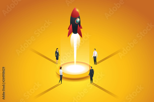 Startup business group people launching a rocket. Flat 3d isometric concept. illustration Vector