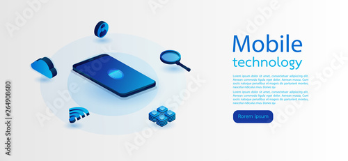 Isometric digital technology. Big data, cloud information storage, global transferring technology. web design, banner and presentation. Isometric vector illustration.