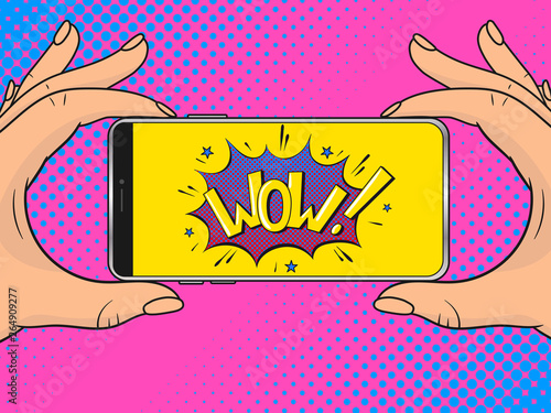 A hands are holding a smartphone with a text WOW on the screen. Pop Art vintage vector illustration