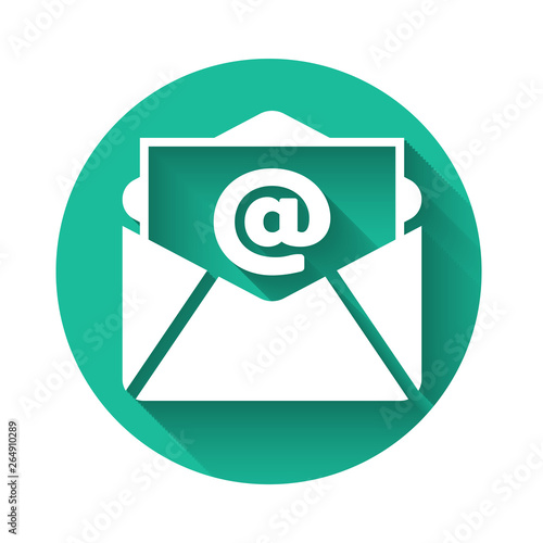 White Mail and e-mail icon isolated with long shadow. Envelope symbol e-mail. Email message sign. Green circle button. Vector Illustration