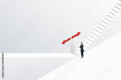 Businessman confuse to choose which direction to go up the stairs. isometric concept illustration vector