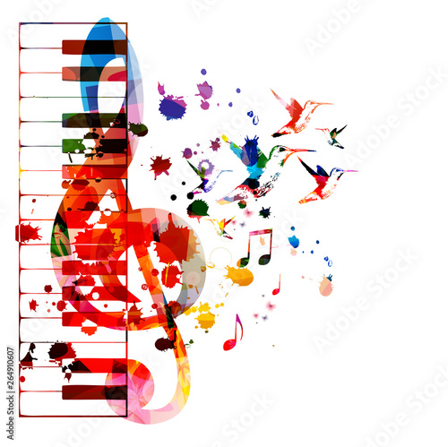 Colorful piano keys with G-clef isolated vector illustration design. Music background. Piano keyboard poster with music notes, music festival poster, live concert events, party flyer