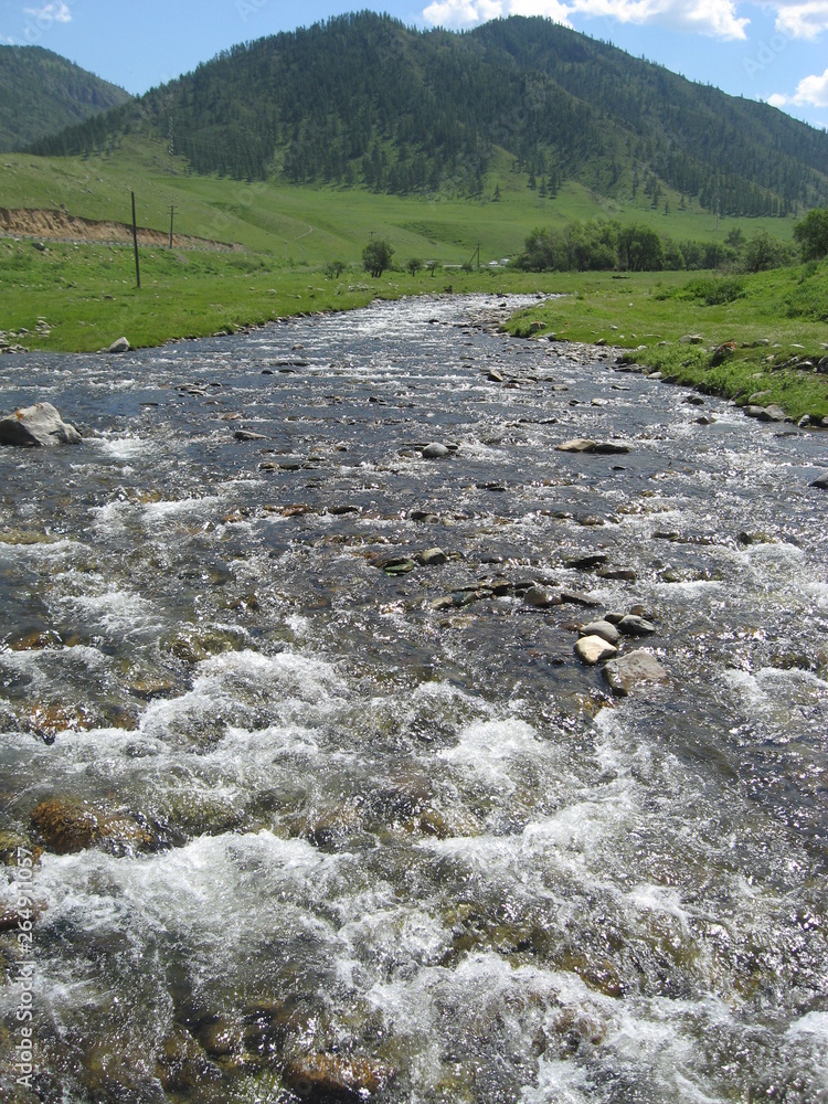 a small river in the Altai village on a Sunny day