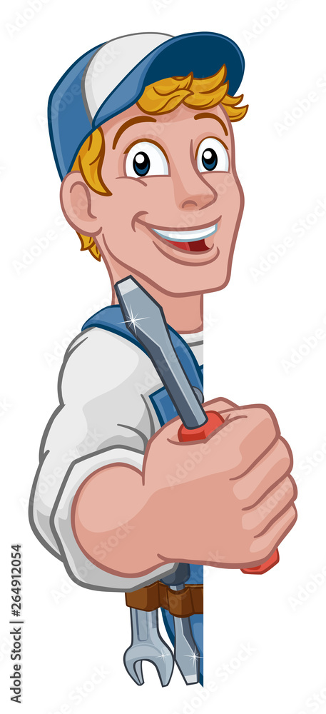 Electrician handyman man handy holding electricians screwdriver tool cartoon construction mascot. Peeking around a sign
