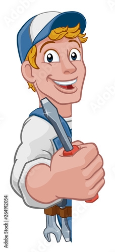 Electrician handyman man handy holding electricians screwdriver tool cartoon construction mascot. Peeking around a sign