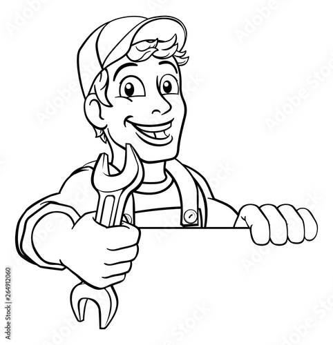 Mechanic plumber maintenance handyman cartoon mascot man holding a wrench or spanner. Peeking over a sign