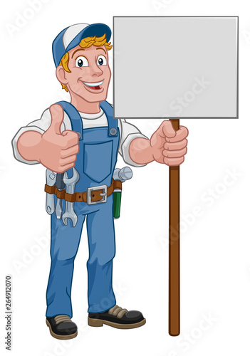 A handyman cartoon character caretaker construction man holding a sign and giving a thumbs up 