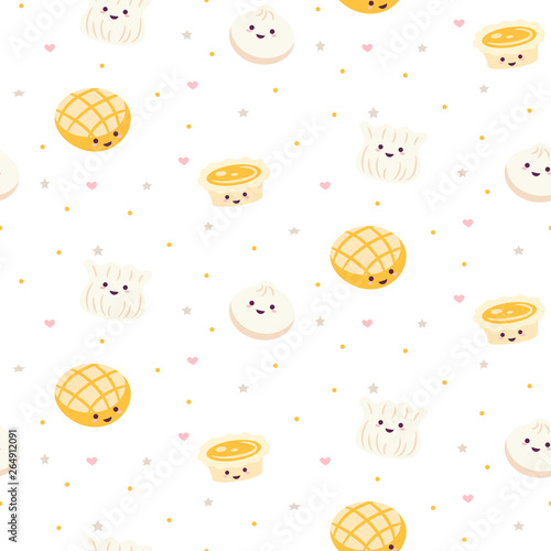 Chinese cuisine cartoon style food pattern vector with egg tart and dim sum.