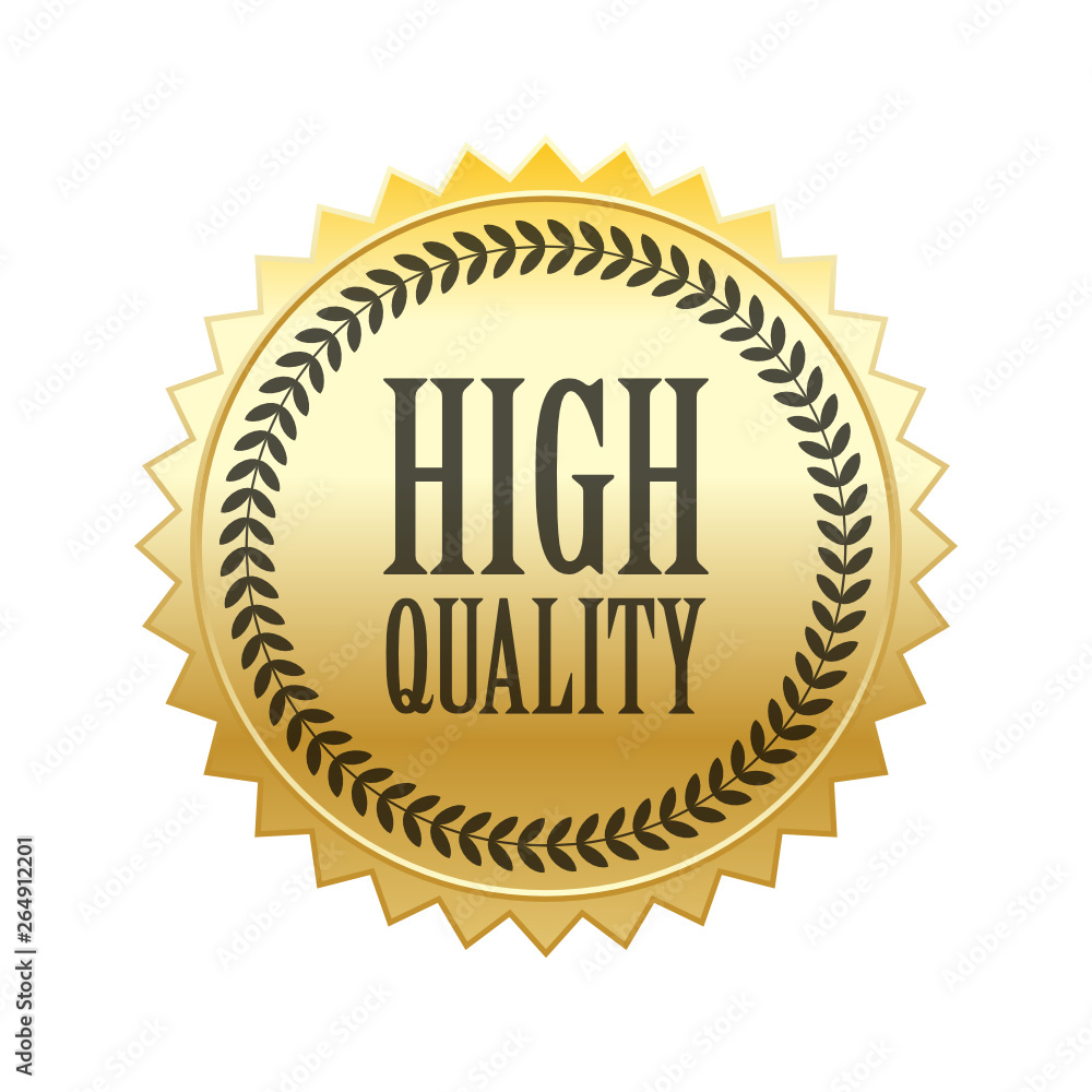 High quality word and circle laurel on circle jagged edge badge vector. Minimalist style, black and gradient gold color, glossy metallic texture. High quality word and circle laurel on circle jagged edge badge vector. Minimalist style, black and gradient gold color, glossy metallic texture.