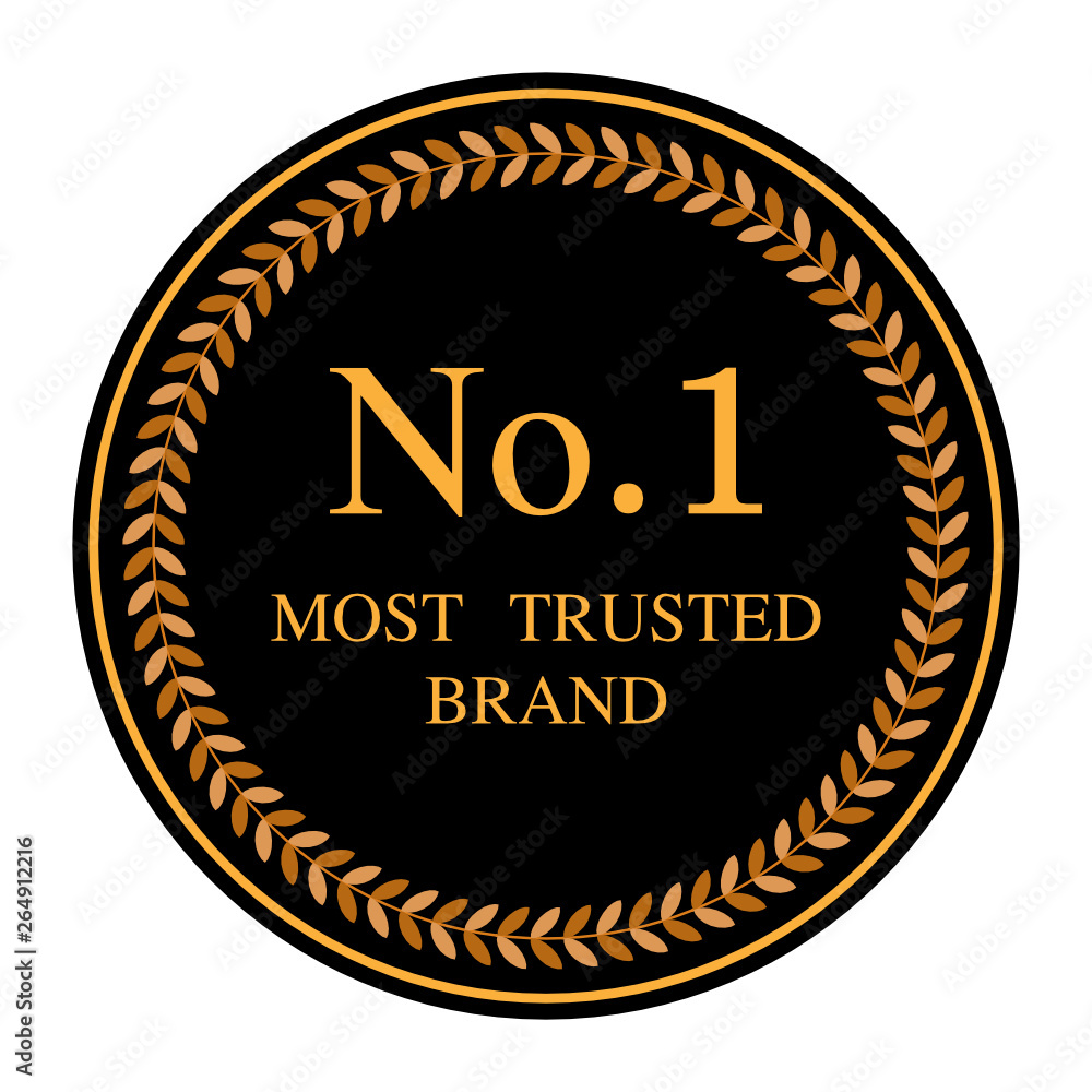 No.1 most trusted brand word and circle laurel on circle badge vector. Minimalist style, Simple design, black and yellow color.
