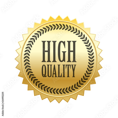 High quality word and circle laurel on circle jagged edge badge vector. Minimalist style, black and gradient gold color, glossy metallic texture.