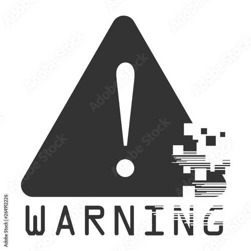 Exclamation mark warning sign and warning word glitch and crash pixel concept vector. Minimalist style, simple design, black and white color.
