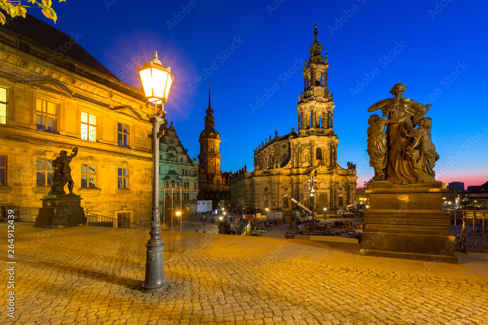 Cathedral of the Holy Trinity and Dresden Castle in Saxony at night, Germany